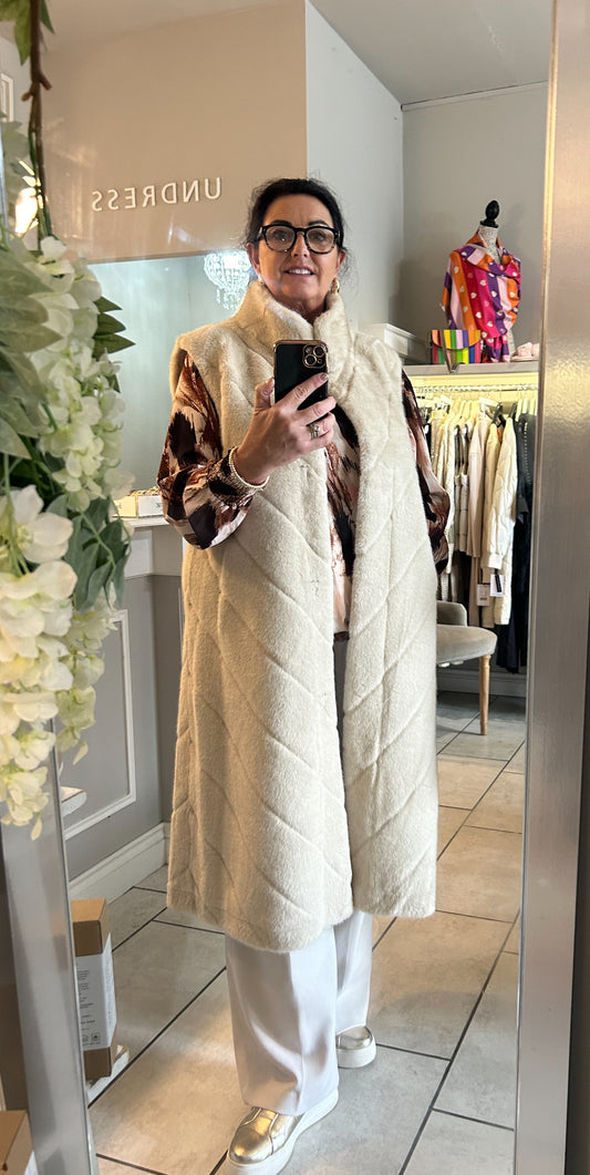 Malissa J Luxe Faux Fur Chevron Long Gilet - Cream