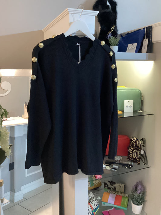 Scalloped neck jumper with button detail