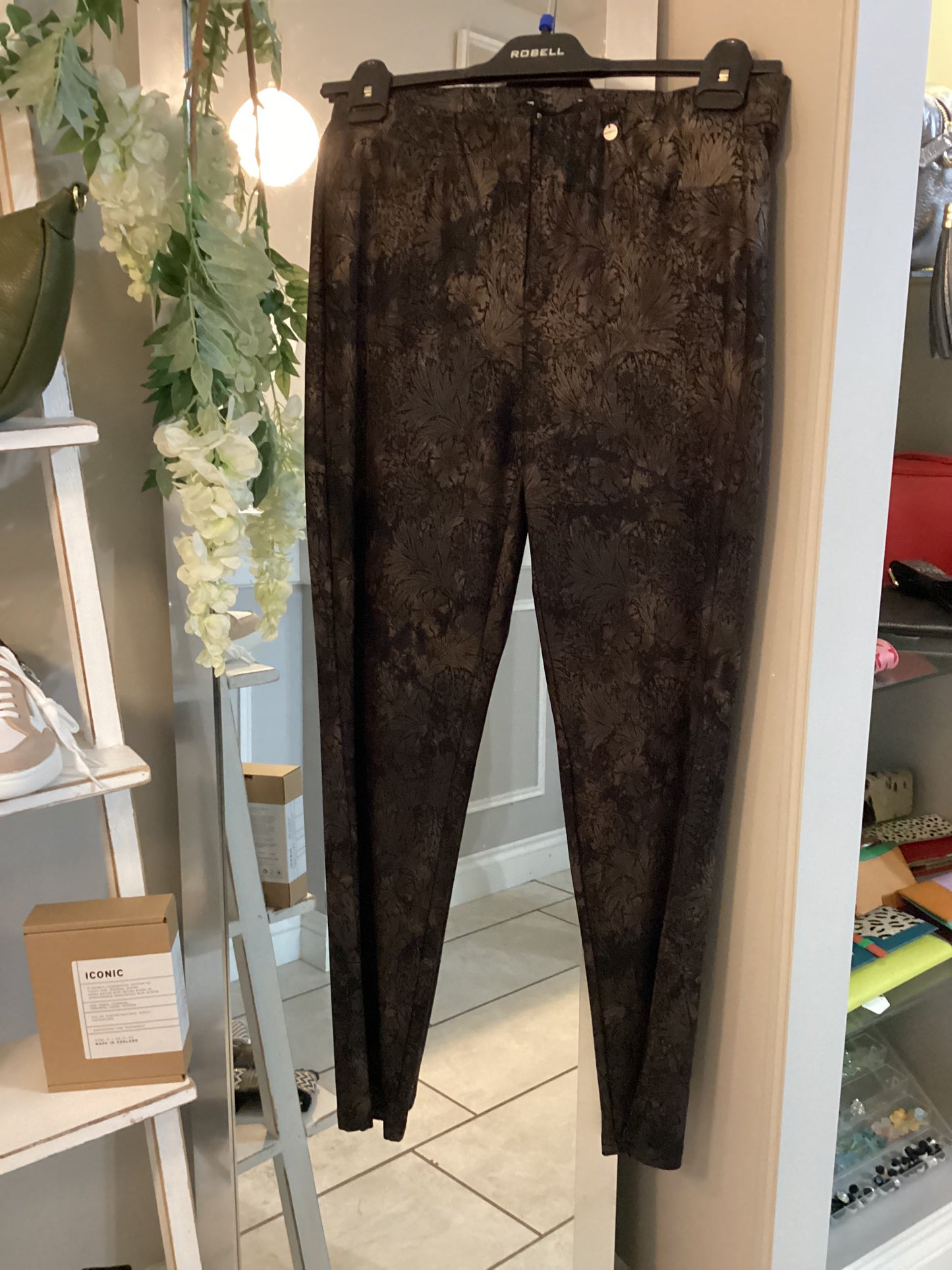 Robell Bella Black / Bronze Metallic Leaf Pattern Trousers